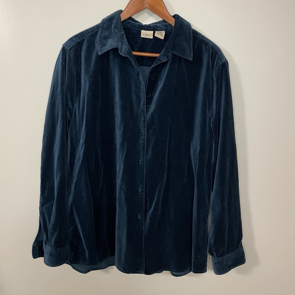 LL Bean Velvet Shirt Womens XL Button Up Teal Long Sleeve Cotton Collared